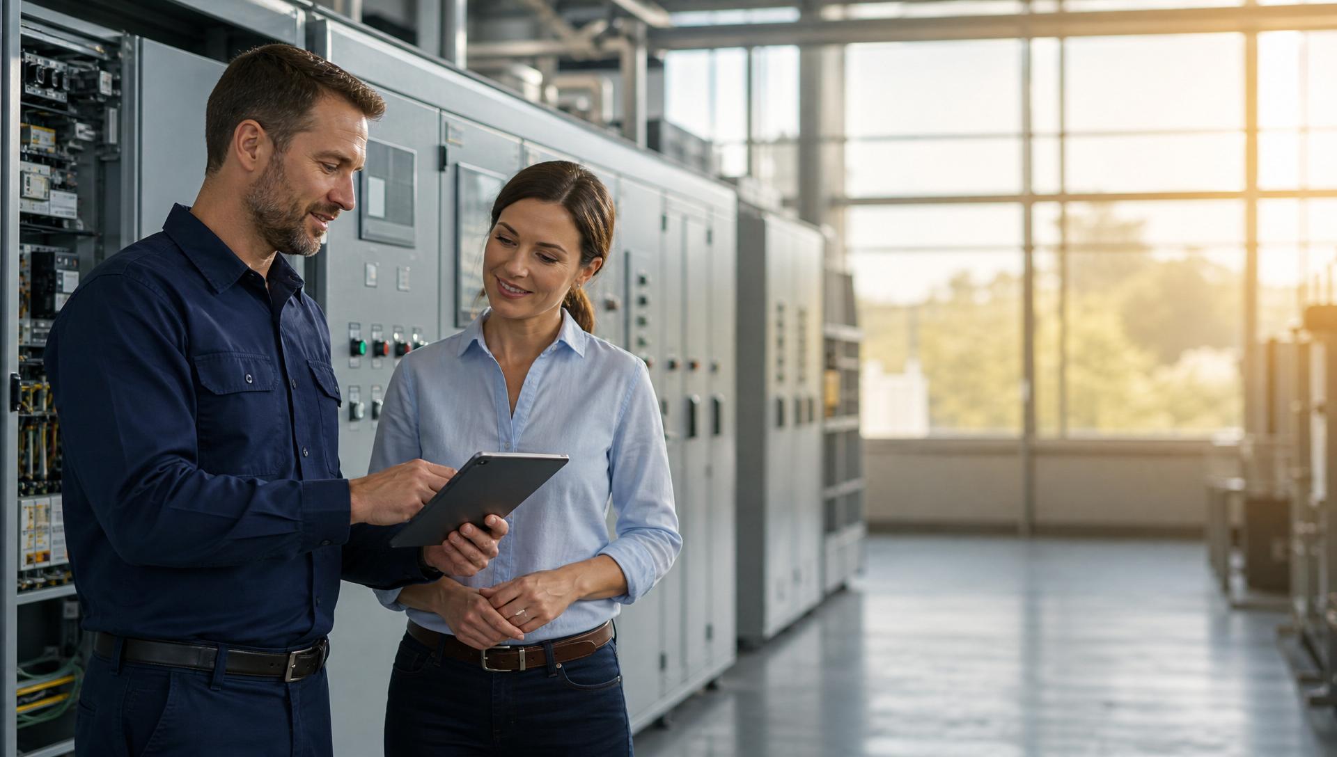 HAAG Servicetechniker im Gespräch mit Kunde vor moderner Industrieanlage
